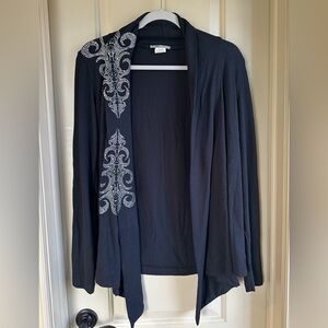 Women’s Fashion 70’s Open Front Cardigan With Rhinestone Detail; Black; Size L